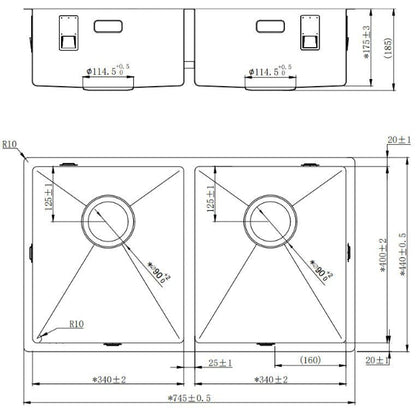 Lorreine - Dubbele RVS Keukenspoelbak - 3434-R - 800mm